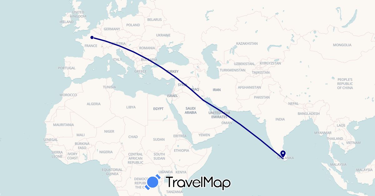 TravelMap itinerary: driving in France, Kuwait, Sri Lanka (Asia, Europe)